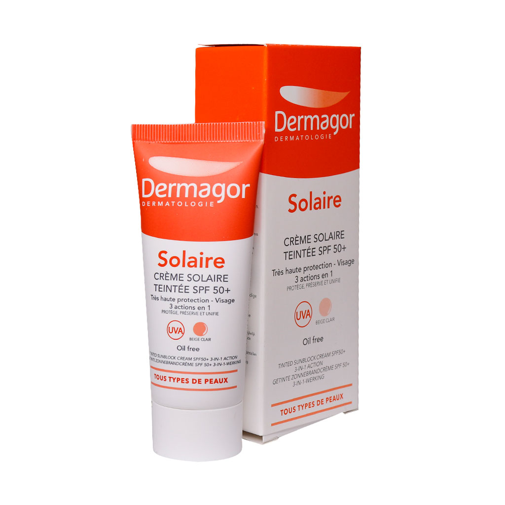 ضد آفتاب بی رنگ  +SPF50 درماگور Tinted Sunblock Cream SPF50+ 3x1 Action Oil Free DERMAGOR